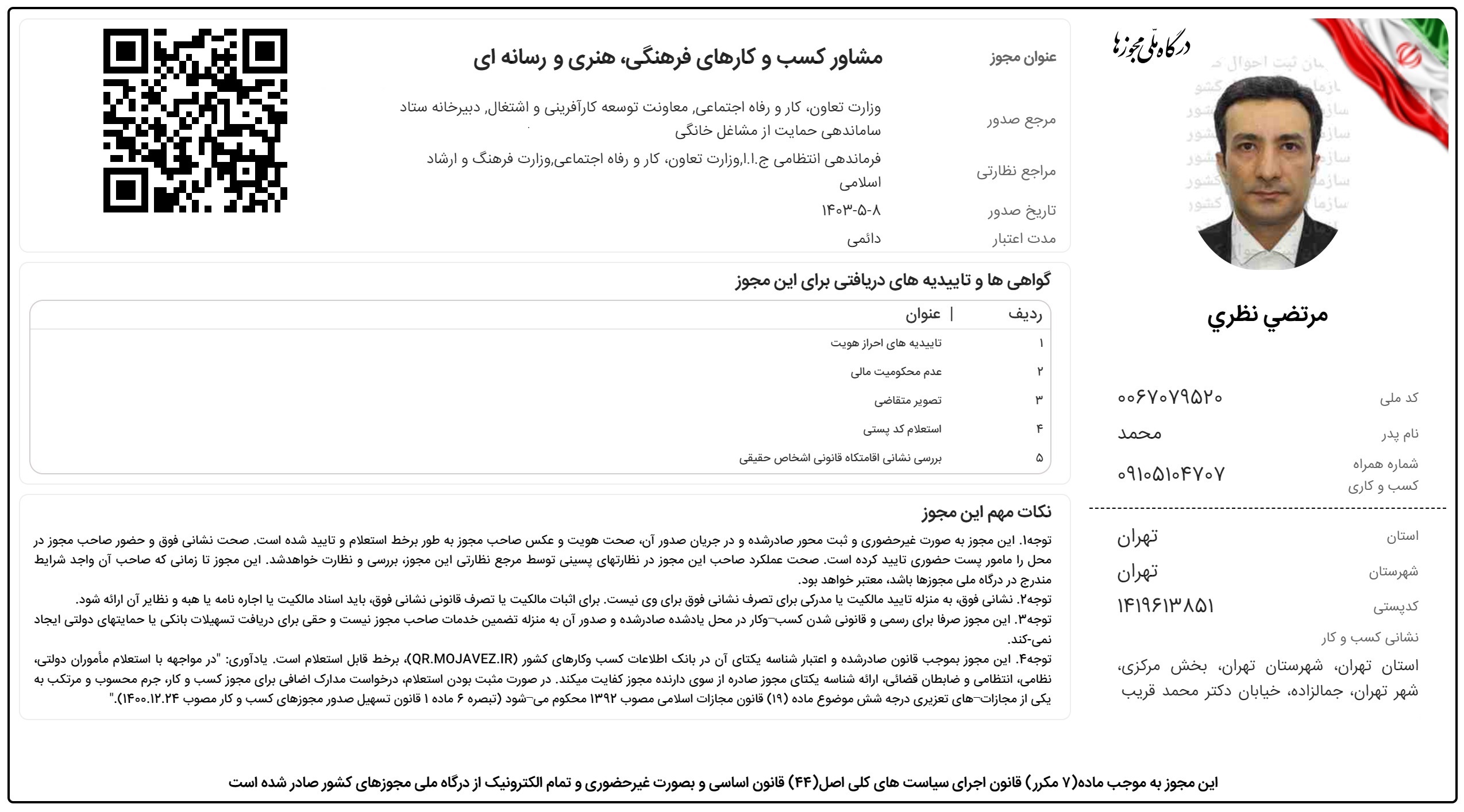 مجوز کسب و کار فرهنگی هنری رسانه ای